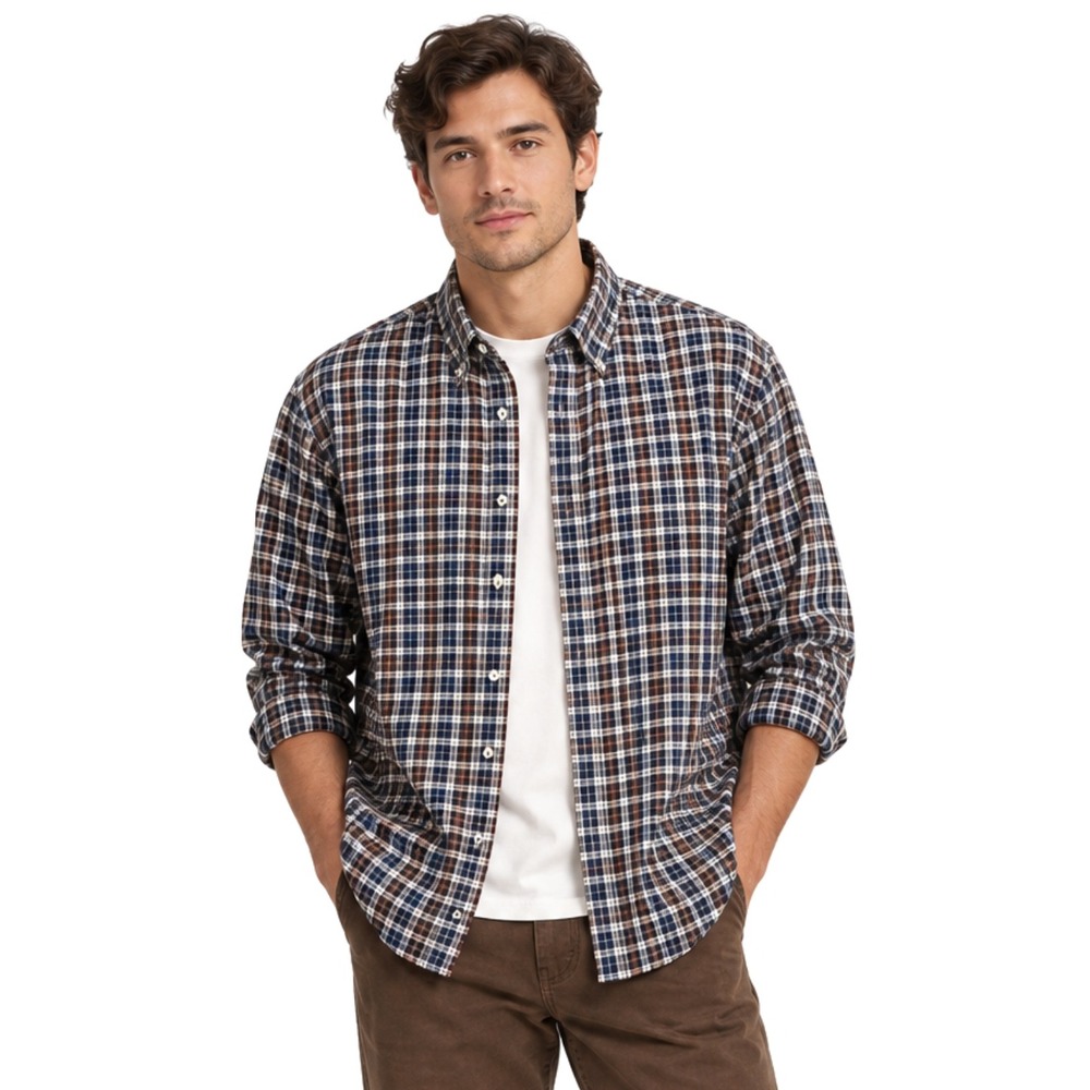 Peter Millar Shirt Mens XL Blue Brown Plaid Check Cotton Long Sleeve Preppy